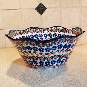 Vintage Ceramika Artstyczna Large Scalloped Serving Mixing Bowl Handpainted